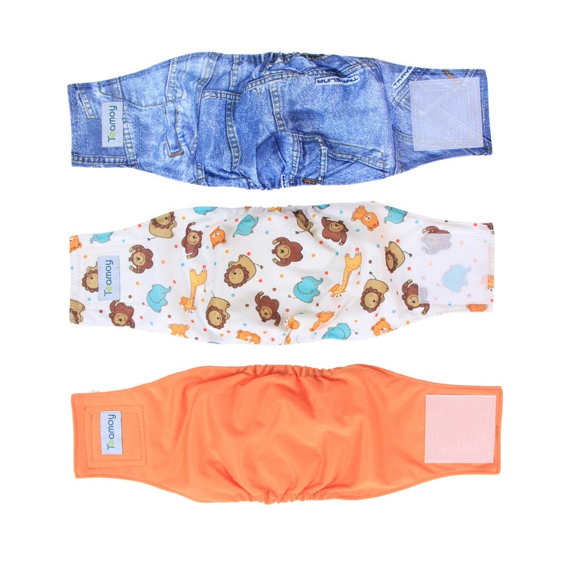 Teamoy Reusable Wrap Diapers for Male Dogs, Washable Puppy Belly Band Pack of 3 (S, 10"-13" Waist, Orange+ Denim+ Fat Smile) - Image 1